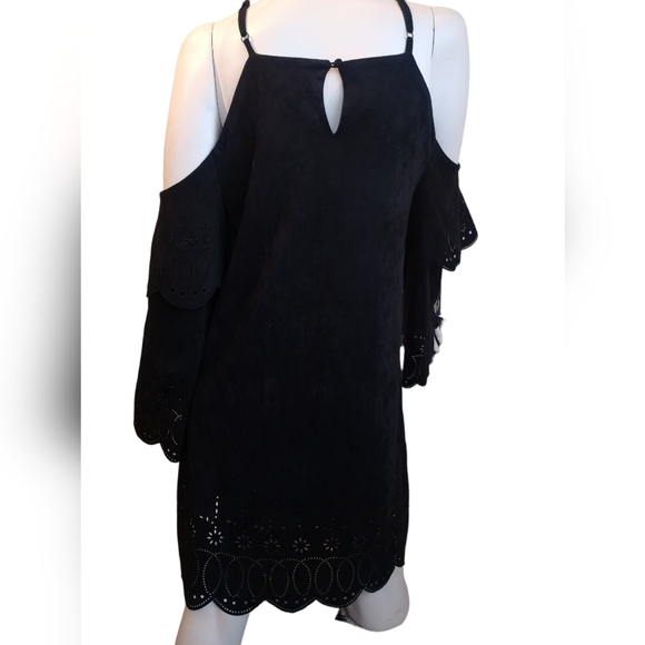 NEW Bell Sleeve Suede Dress with Laser Cutout Details - Picture 3 of 12